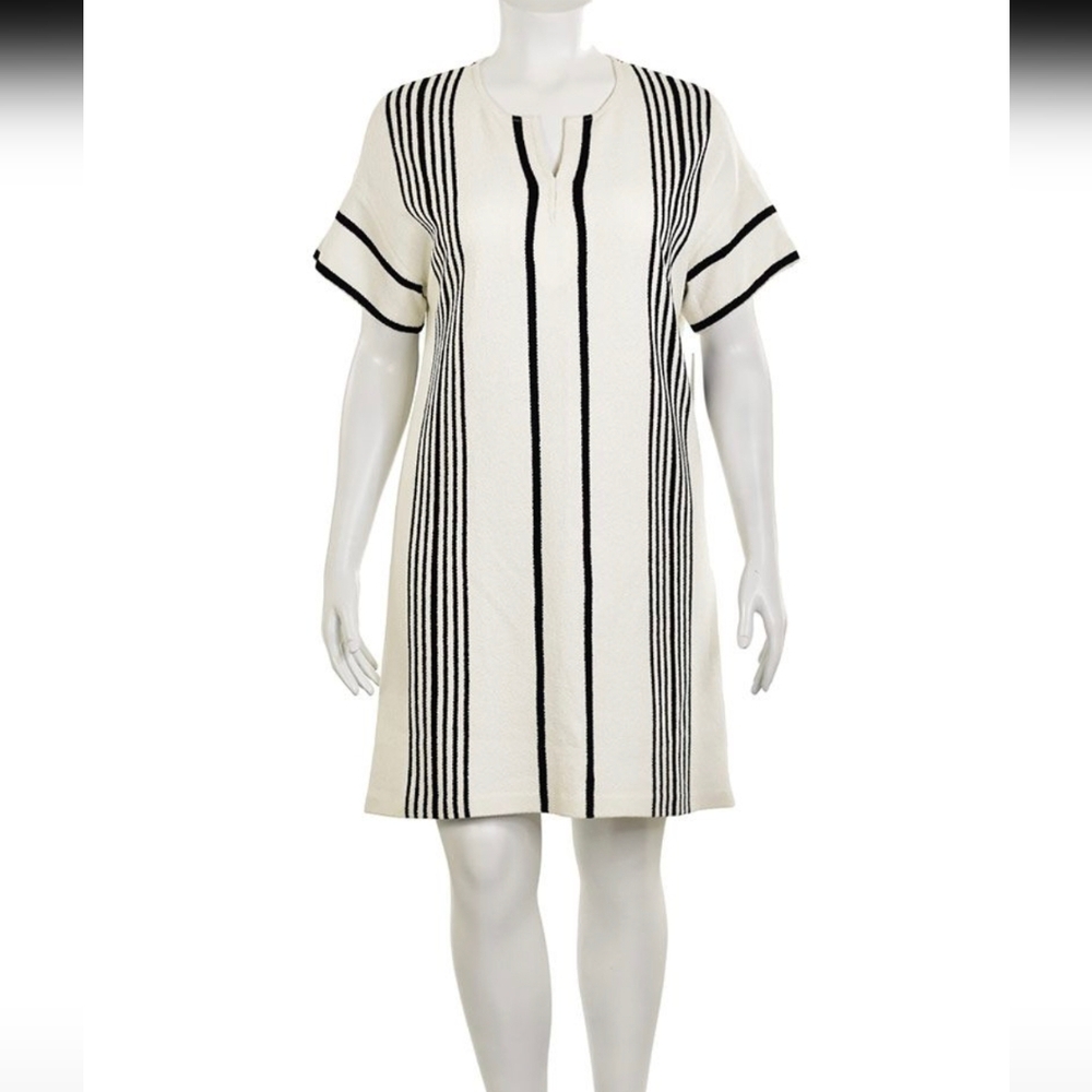 St John white black Terry Cloth  striped knit tunic dress size L - Picture 5 of 16